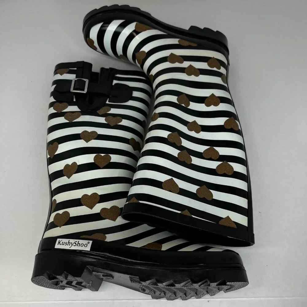 Kushyshoo Womens Black Striped Heart Rubber Mid Calf Size 7 Rain Boots